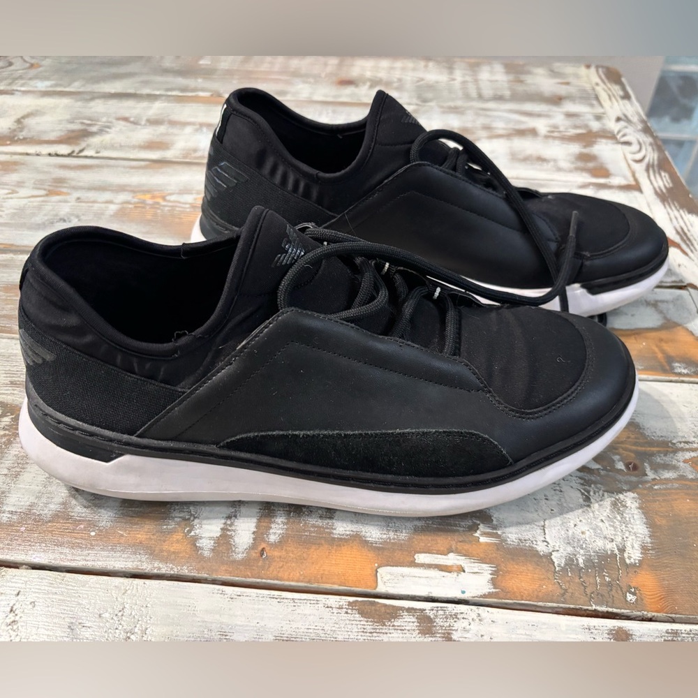 Emporio Armani Leather Black Upper and White Soles Low-Top Lace up Sneakers 10 M